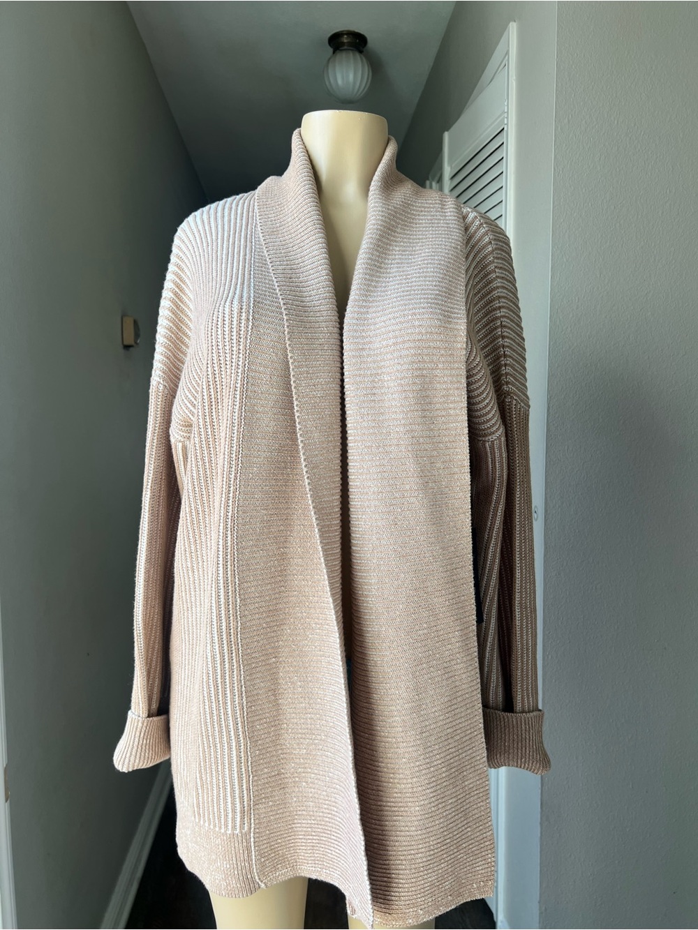 Tahari Light Beige Open Drape Shawl Collar Cardigan